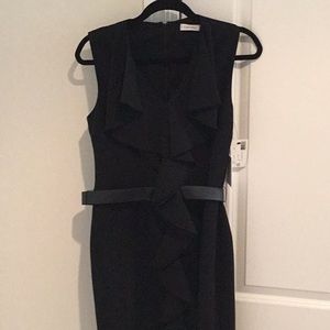 Calvin Klein sleeveless black dress with belt and ruffle detail NWT